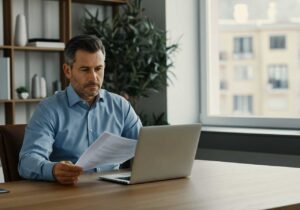 Homem em uma mesa de escritório, analisando papeis enquanto utiliza um notebook